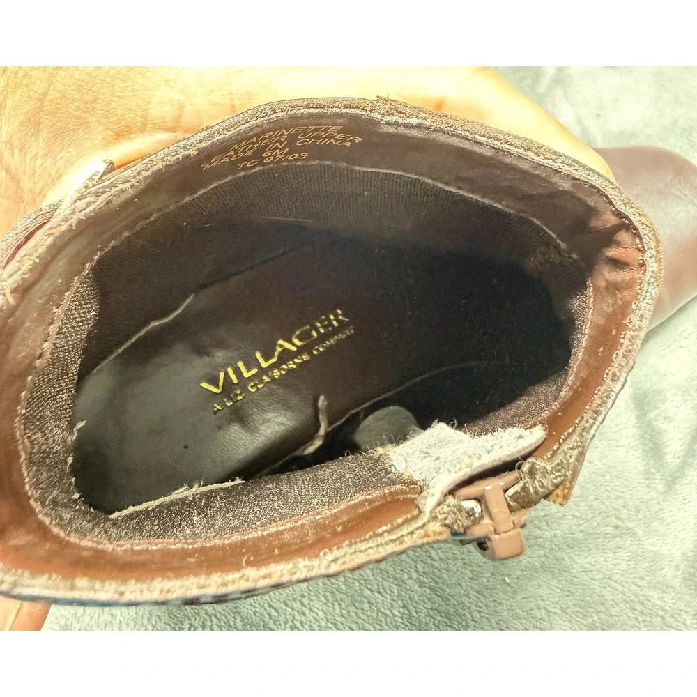 Villager Ankle Boots Womens 6M Brown Leather Zip Block Heel